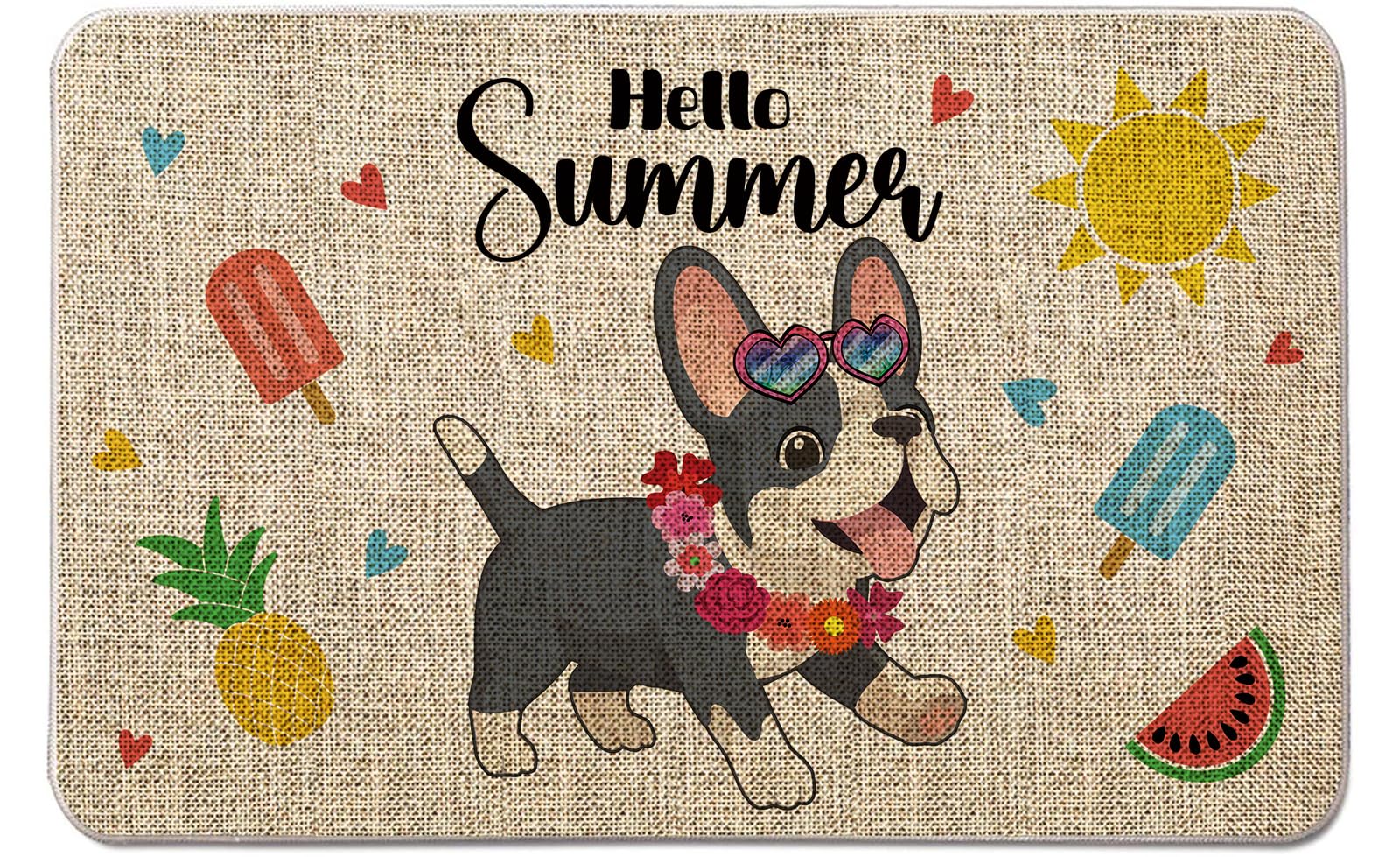 QIONG MENG Summer Door Mat French Bulldog Welcome Mat Outdoor Summer Dog Entrance Rug Farmhouse Home Kitchen Floor Front Doormats 17 x 27 Inch