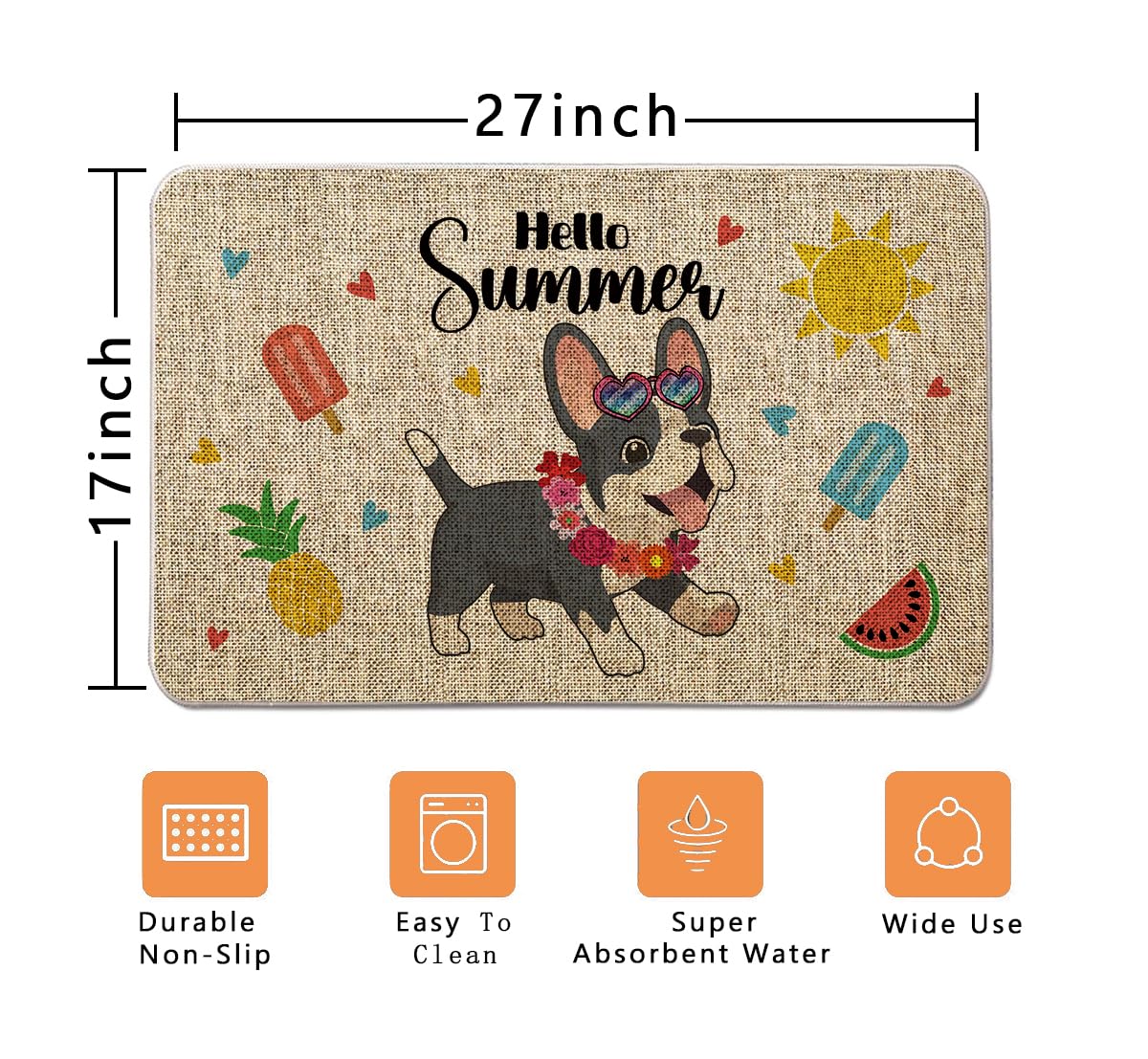 QIONG MENG Summer Door Mat French Bulldog Welcome Mat Outdoor Summer Dog Entrance Rug Farmhouse Home Kitchen Floor Front Doormats 17 x 27 Inch