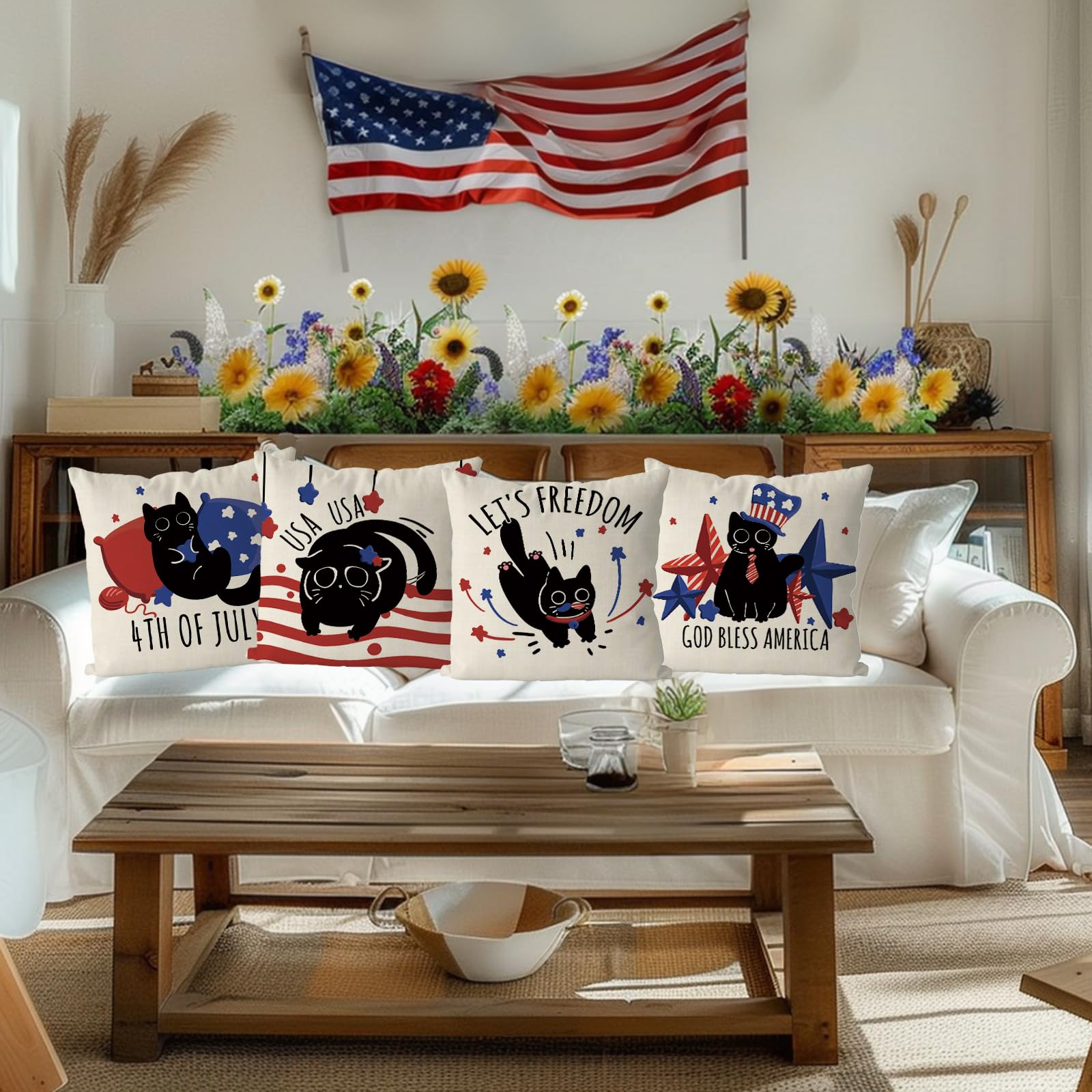 QIONG MENG 4th of July Pillow Covers 18x18 Inch Set of 4 Black Cat Patriotic Throw Pillowcase Stars Stripes Independence Memorial Day Cushion Case for Home Sofa Funny Cat Decorations