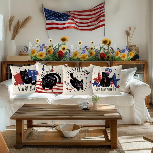 QIONG MENG 4th of July Pillow Covers 18x18 Inch Set of 4 Black Cat Patriotic Throw Pillowcase Stars Stripes Independence Memorial Day Cushion Case for Home Sofa Funny Cat Decorations