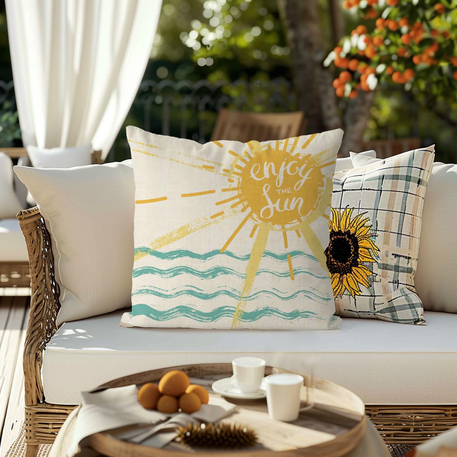 QIONG MENG Summer Pillow Covers 18x18 Inch Enjoy The Sun Throw Pillow Case Summer Cushion Case for Home Sofa Living Room Farmhouse Decorations