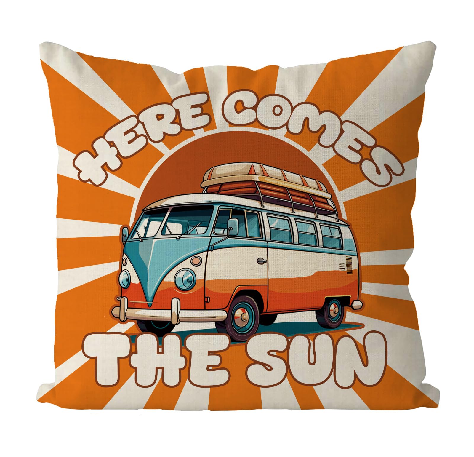 QIONG MENG Summer Pillow Covers 18x18 Inch Here Comes The Sun Bus Throw Pillow Case Summer Cushion Case for Home Sofa Living Room Farmhouse Decorations