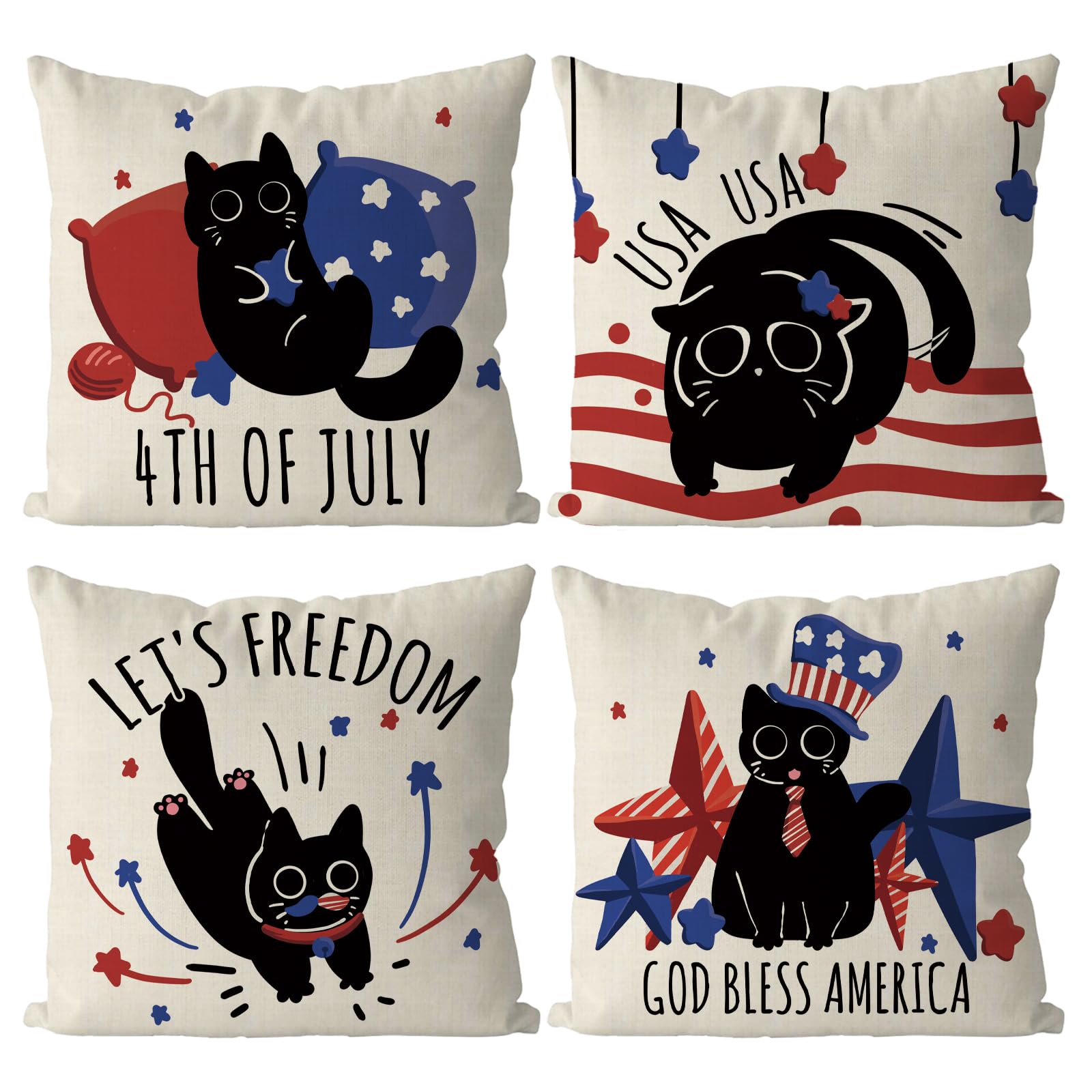 QIONG MENG 4th of July Pillow Covers 18x18 Inch Set of 4 Black Cat Patriotic Throw Pillowcase Stars Stripes Independence Memorial Day Cushion Case for Home Sofa Funny Cat Decorations