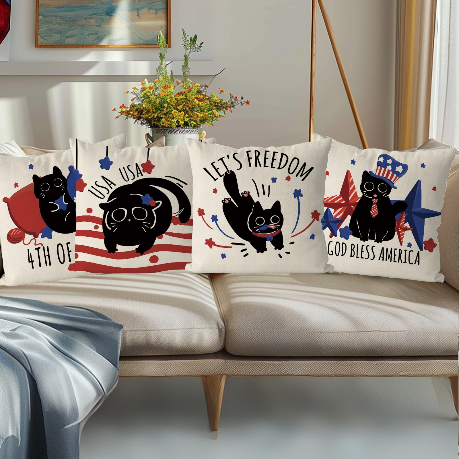 QIONG MENG 4th of July Pillow Covers 18x18 Inch Set of 4 Black Cat Patriotic Throw Pillowcase Stars Stripes Independence Memorial Day Cushion Case for Home Sofa Funny Cat Decorations