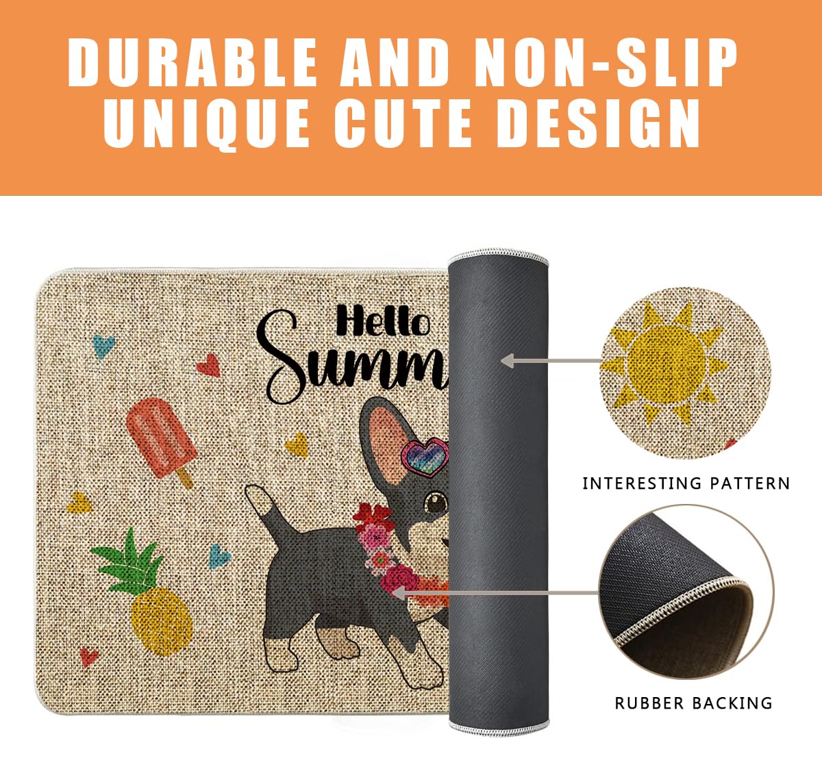 QIONG MENG Summer Door Mat French Bulldog Welcome Mat Outdoor Summer Dog Entrance Rug Farmhouse Home Kitchen Floor Front Doormats 17 x 27 Inch