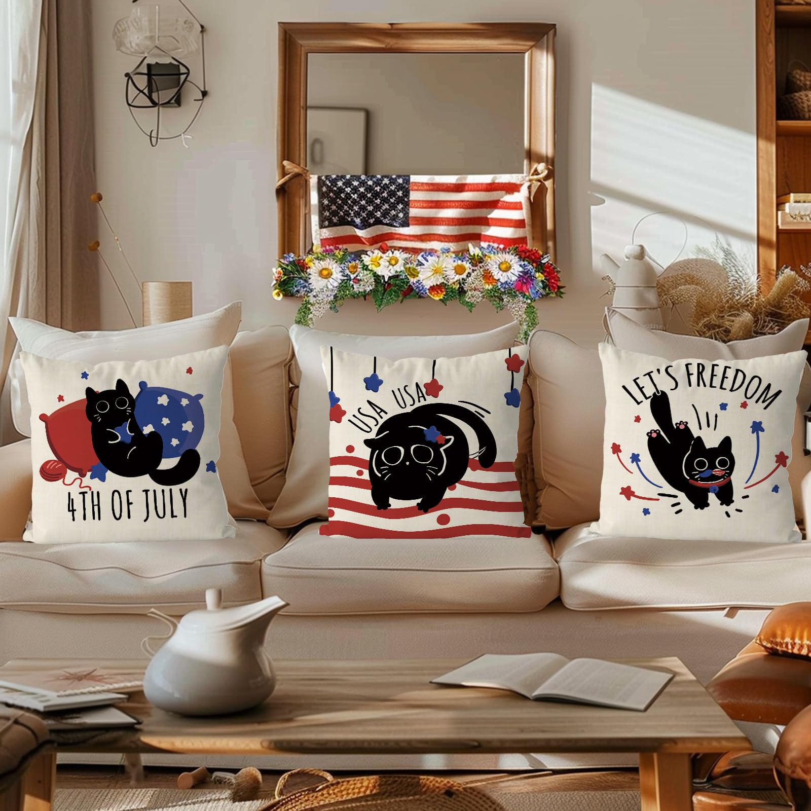QIONG MENG 4th of July Pillow Covers 18x18 Inch Set of 4 Black Cat Patriotic Throw Pillowcase Stars Stripes Independence Memorial Day Cushion Case for Home Sofa Funny Cat Decorations