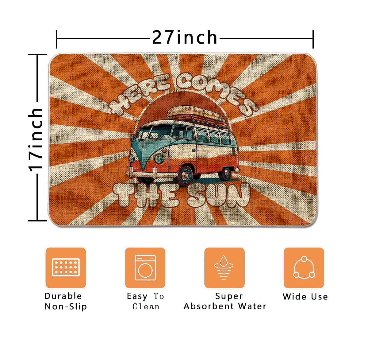 QIONG MENG Camping Door Mat Here Comes The Sun Welcome Mat Outdoor Summer Hippie Decor Camper Entrance Rug Farmhouse Home Kitchen Floor Front Doormats 17 x 27 Inch