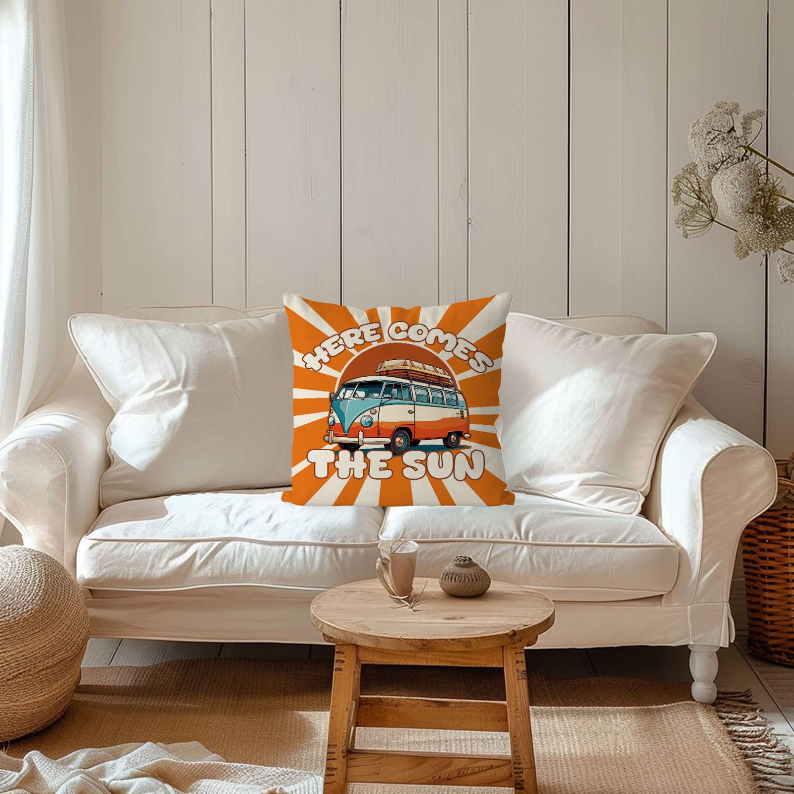 QIONG MENG Summer Pillow Covers 18x18 Inch Here Comes The Sun Bus Throw Pillow Case Summer Cushion Case for Home Sofa Living Room Farmhouse Decorations