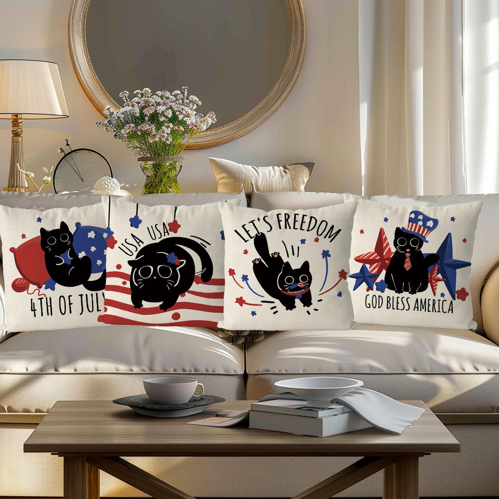 QIONG MENG 4th of July Pillow Covers 18x18 Inch Set of 4 Black Cat Patriotic Throw Pillowcase Stars Stripes Independence Memorial Day Cushion Case for Home Sofa Funny Cat Decorations