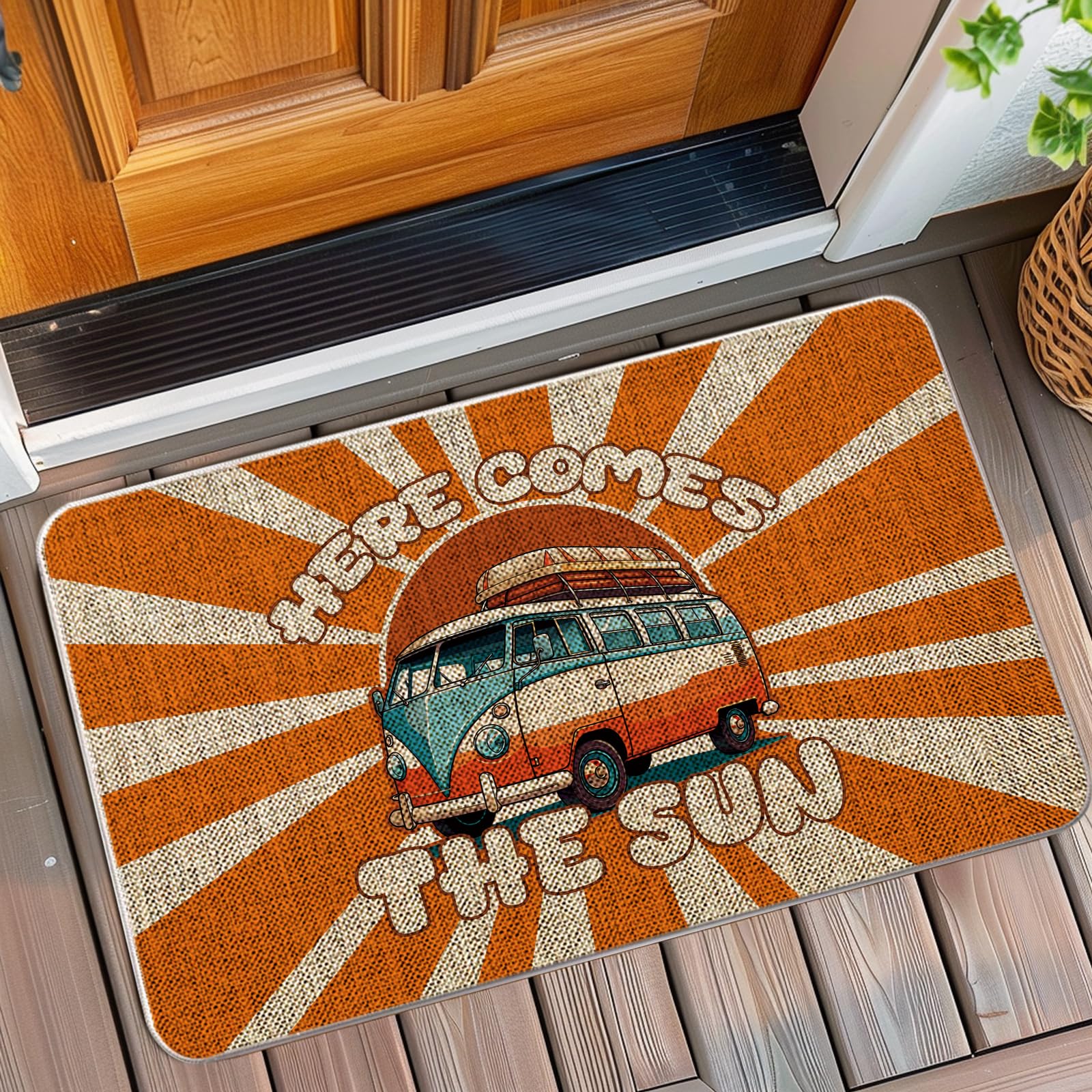 QIONG MENG Camping Door Mat Here Comes The Sun Welcome Mat Outdoor Summer Hippie Decor Camper Entrance Rug Farmhouse Home Kitchen Floor Front Doormats 17 x 27 Inch