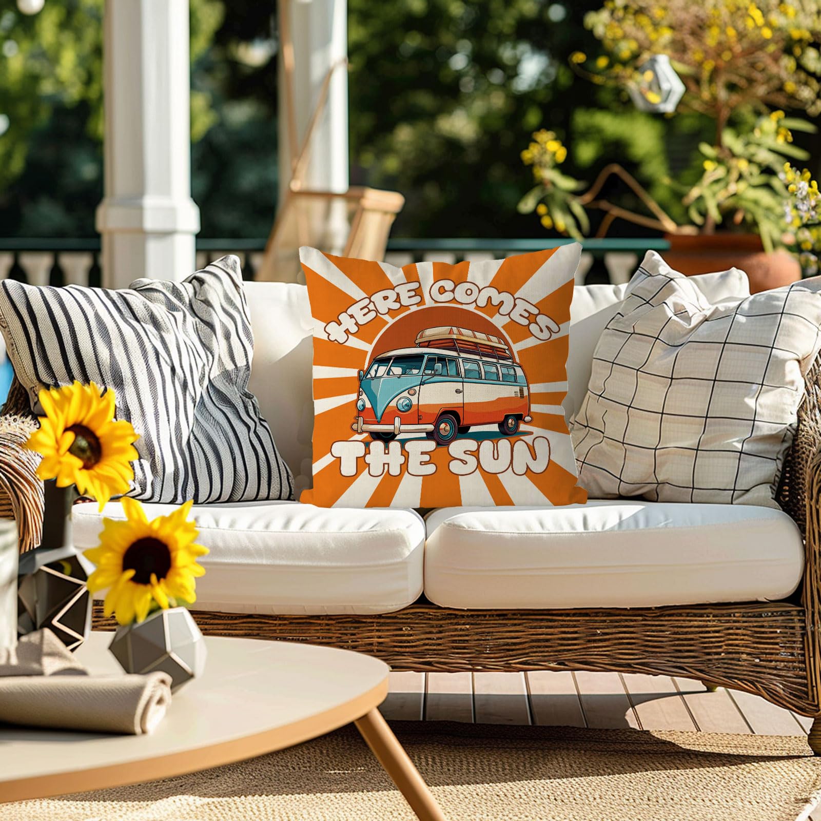 QIONG MENG Summer Pillow Covers 18x18 Inch Here Comes The Sun Bus Throw Pillow Case Summer Cushion Case for Home Sofa Living Room Farmhouse Decorations