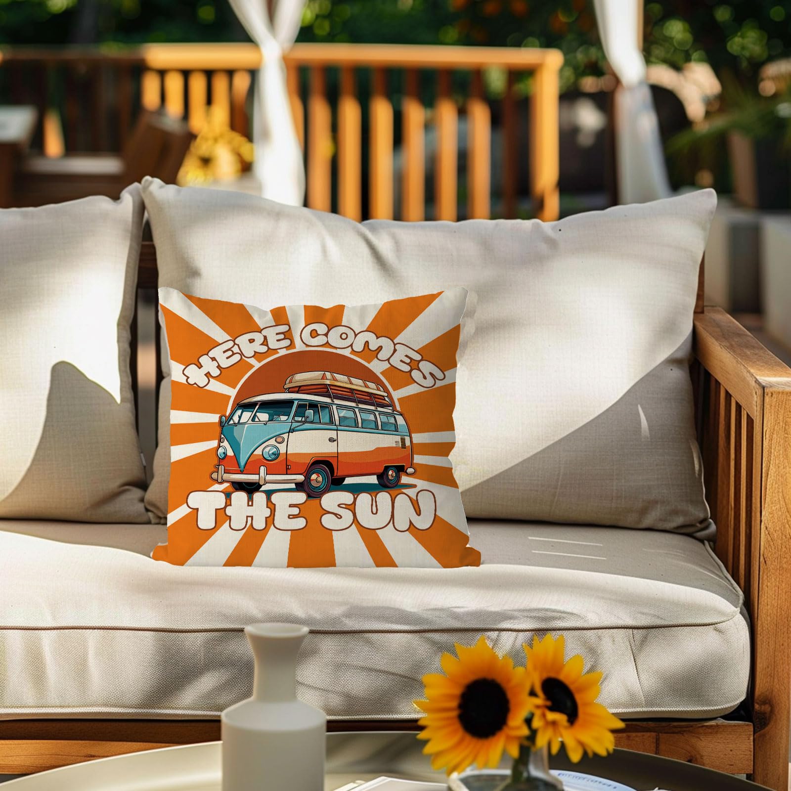 QIONG MENG Summer Pillow Covers 18x18 Inch Here Comes The Sun Bus Throw Pillow Case Summer Cushion Case for Home Sofa Living Room Farmhouse Decorations