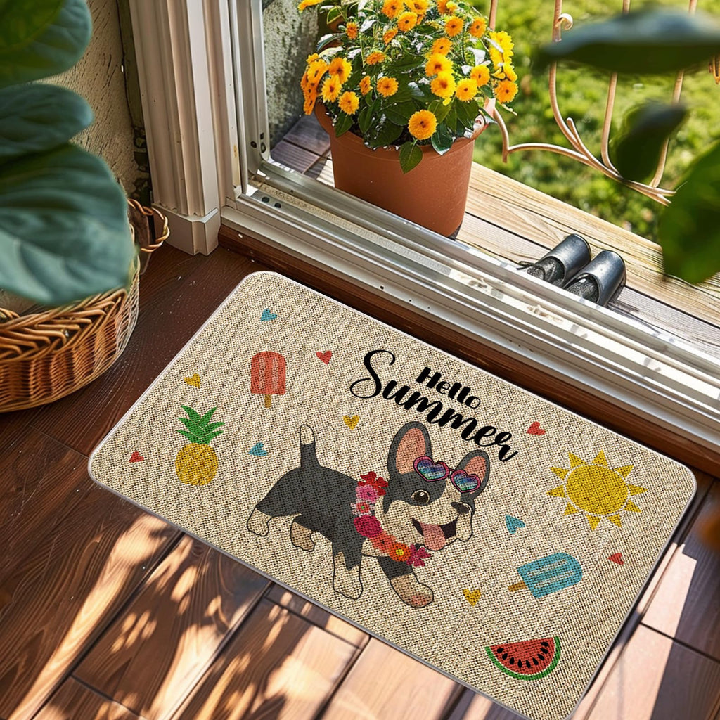 QIONG MENG Summer Door Mat French Bulldog Welcome Mat Outdoor Summer Dog Entrance Rug Farmhouse Home Kitchen Floor Front Doormats 17 x 27 Inch