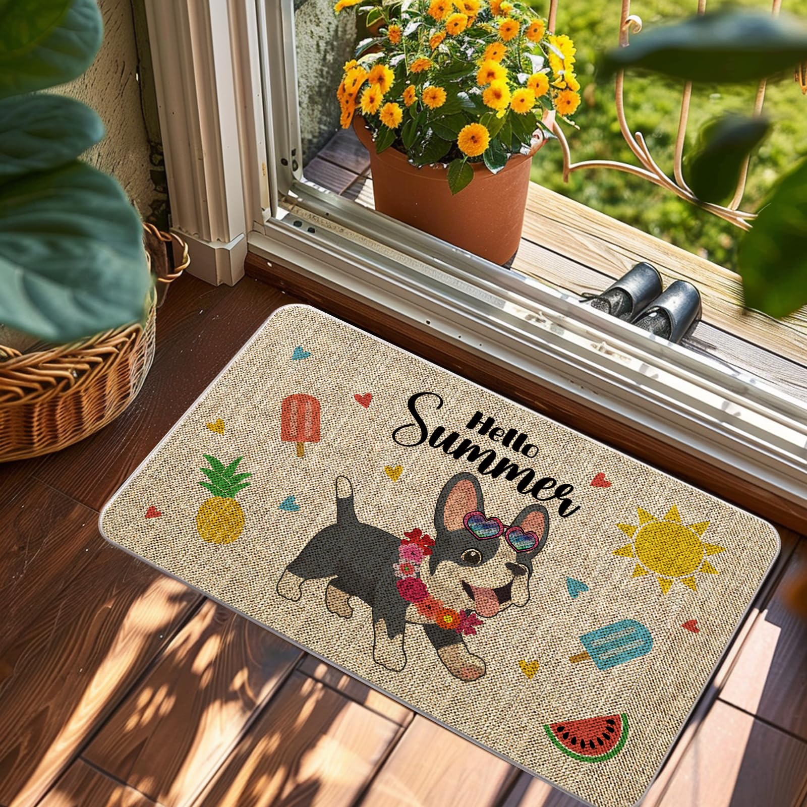 QIONG MENG Summer Door Mat French Bulldog Welcome Mat Outdoor Summer Dog Entrance Rug Farmhouse Home Kitchen Floor Front Doormats 17 x 27 Inch