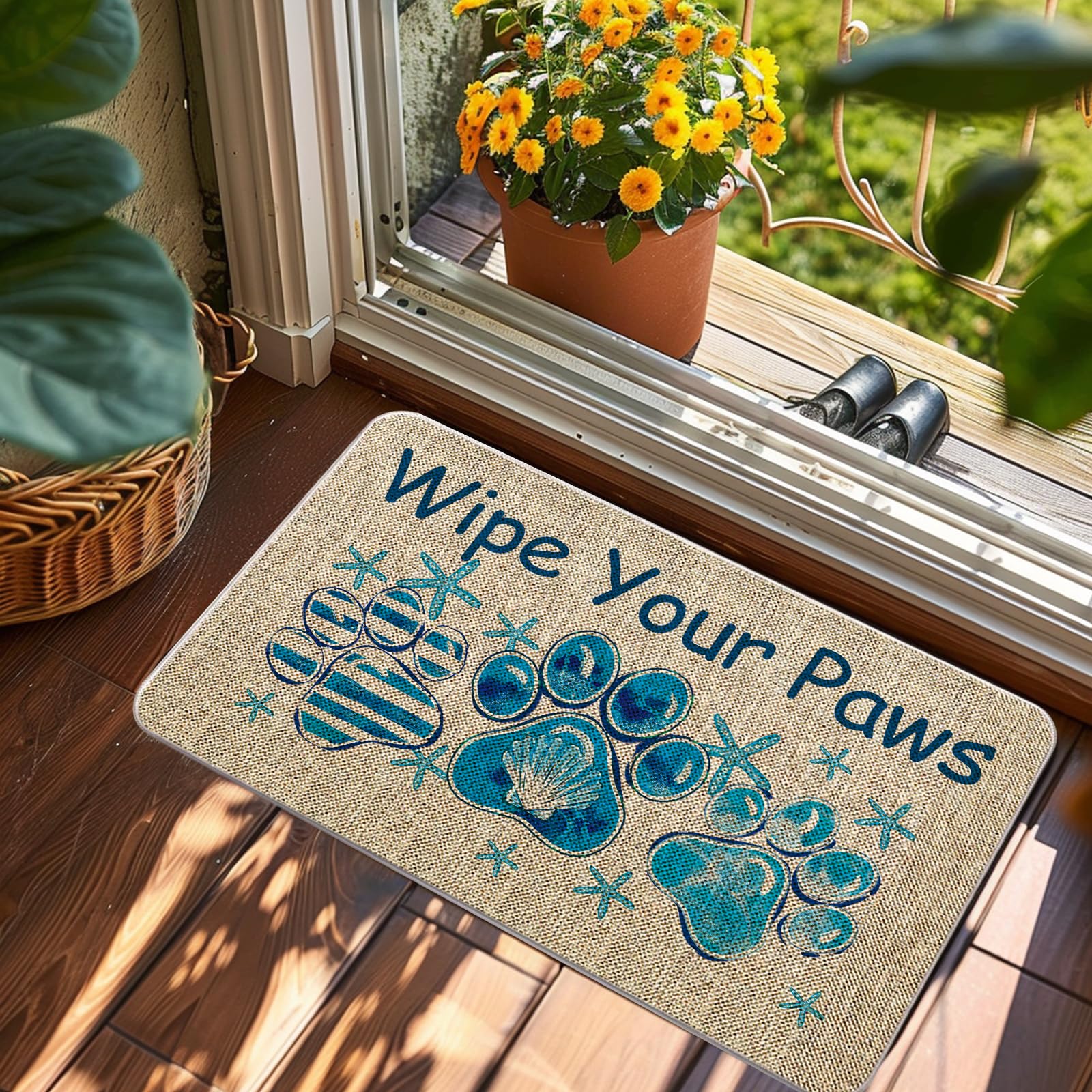 QIONG MENG Wipe Your Paws Doormat Outdoor Coastal Decor Beach Welcome Mat Blue Entrance Rugs Farmhouse Home Kitchen Floor Front Door Mat 17 x 27 Inch