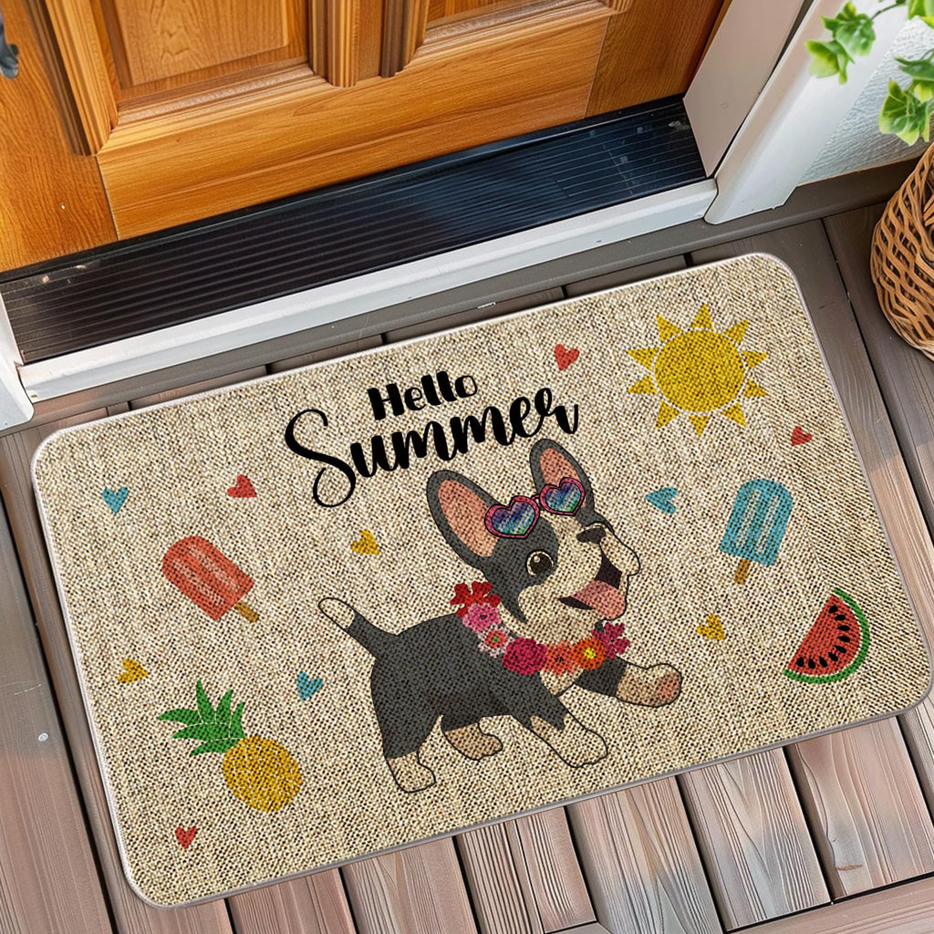 QIONG MENG Summer Door Mat French Bulldog Welcome Mat Outdoor Summer Dog Entrance Rug Farmhouse Home Kitchen Floor Front Doormats 17 x 27 Inch