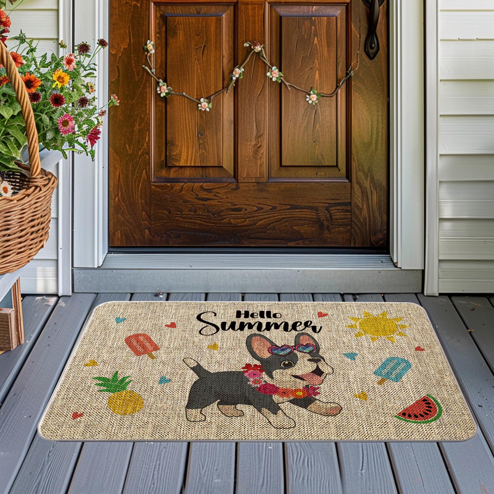 QIONG MENG Summer Door Mat French Bulldog Welcome Mat Outdoor Summer Dog Entrance Rug Farmhouse Home Kitchen Floor Front Doormats 17 x 27 Inch