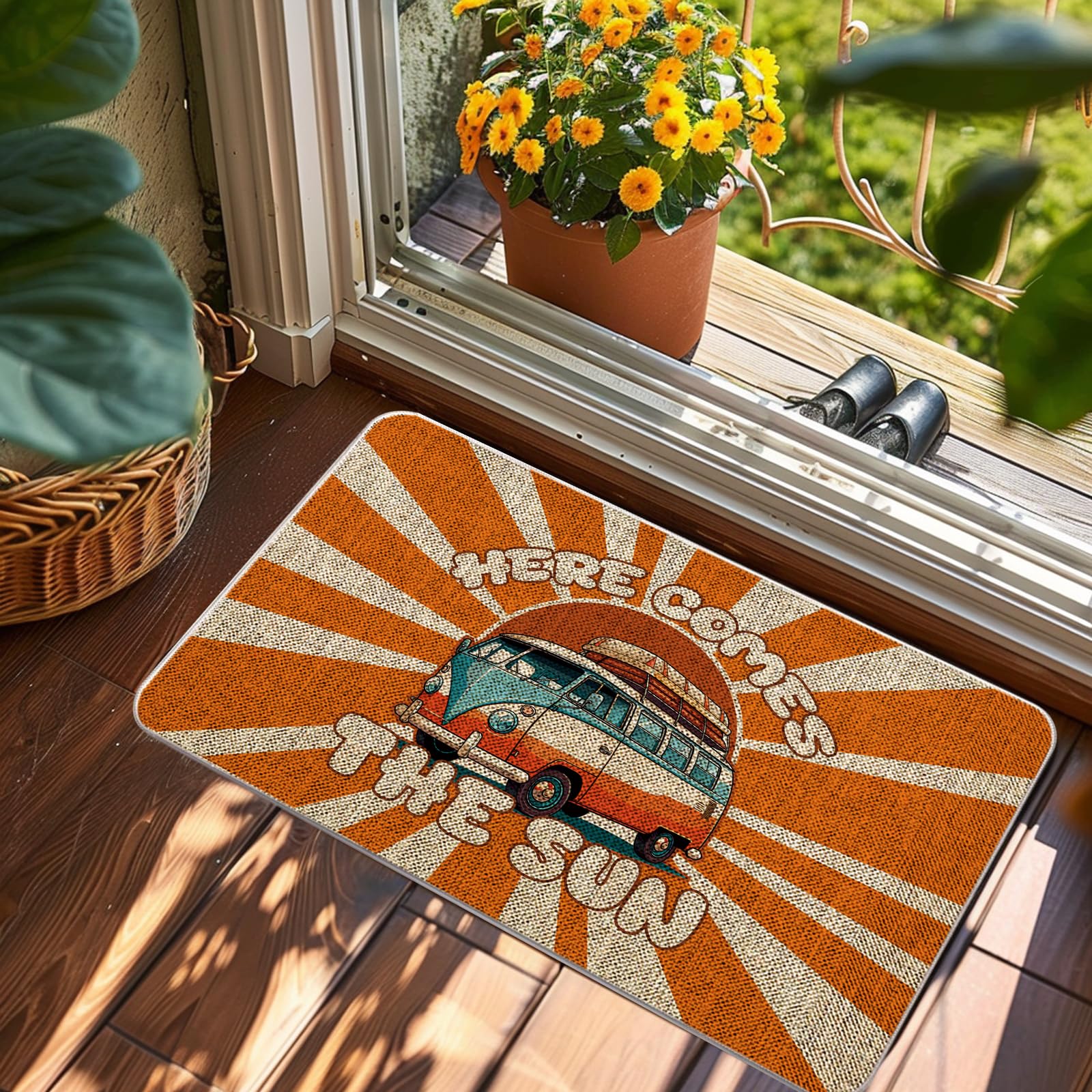 QIONG MENG Camping Door Mat Here Comes The Sun Welcome Mat Outdoor Summer Hippie Decor Camper Entrance Rug Farmhouse Home Kitchen Floor Front Doormats 17 x 27 Inch