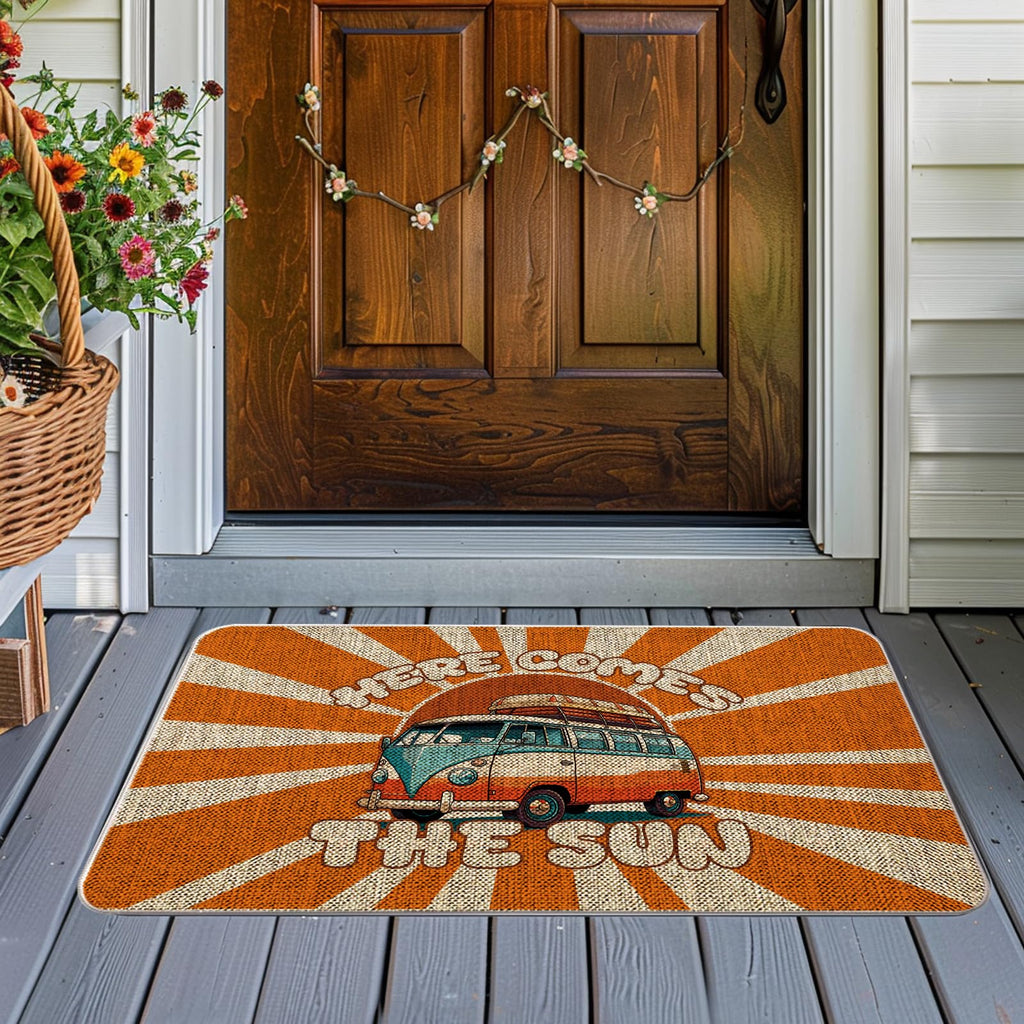 QIONG MENG Camping Door Mat Here Comes The Sun Welcome Mat Outdoor Summer Hippie Decor Camper Entrance Rug Farmhouse Home Kitchen Floor Front Doormats 17 x 27 Inch