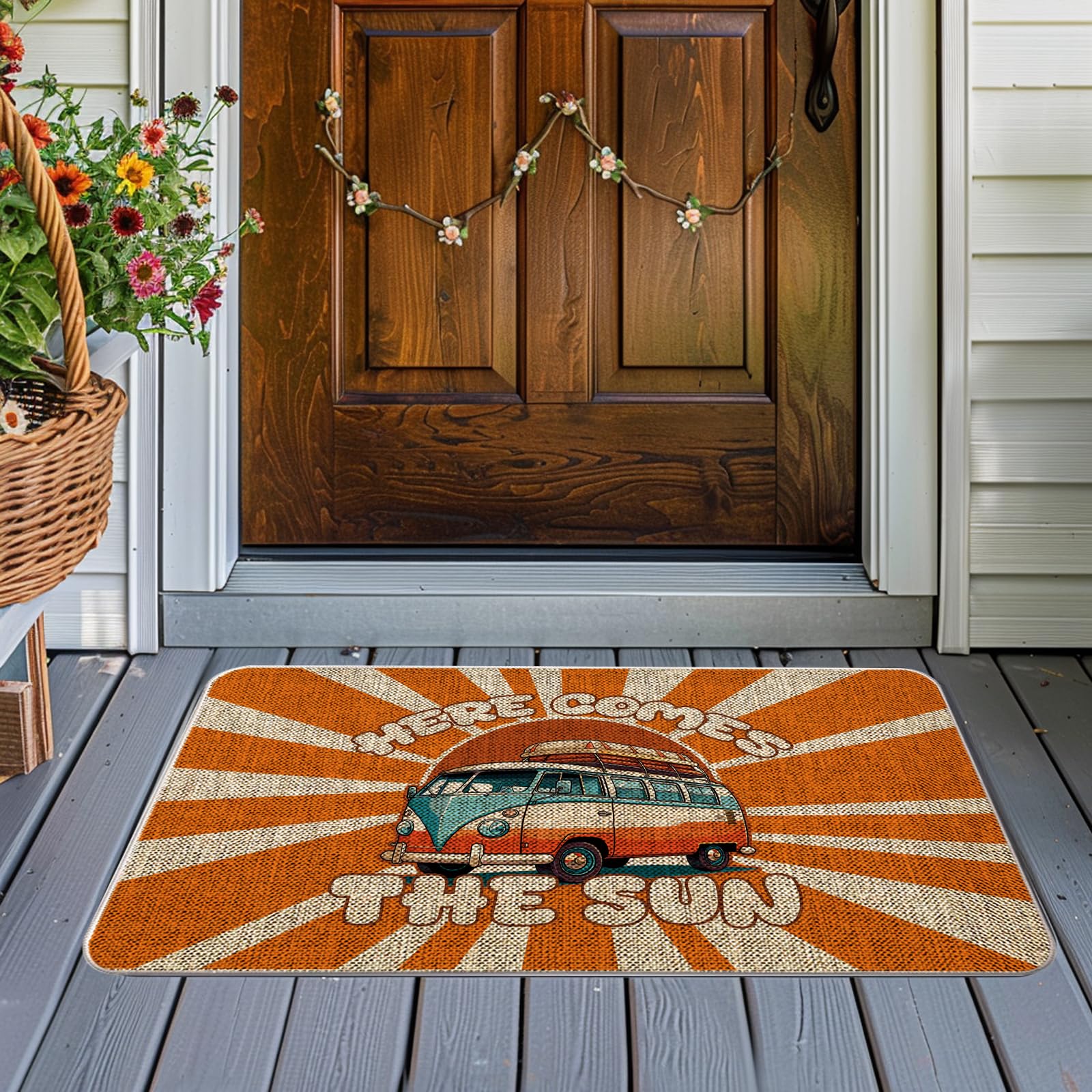 QIONG MENG Camping Door Mat Here Comes The Sun Welcome Mat Outdoor Summer Hippie Decor Camper Entrance Rug Farmhouse Home Kitchen Floor Front Doormats 17 x 27 Inch
