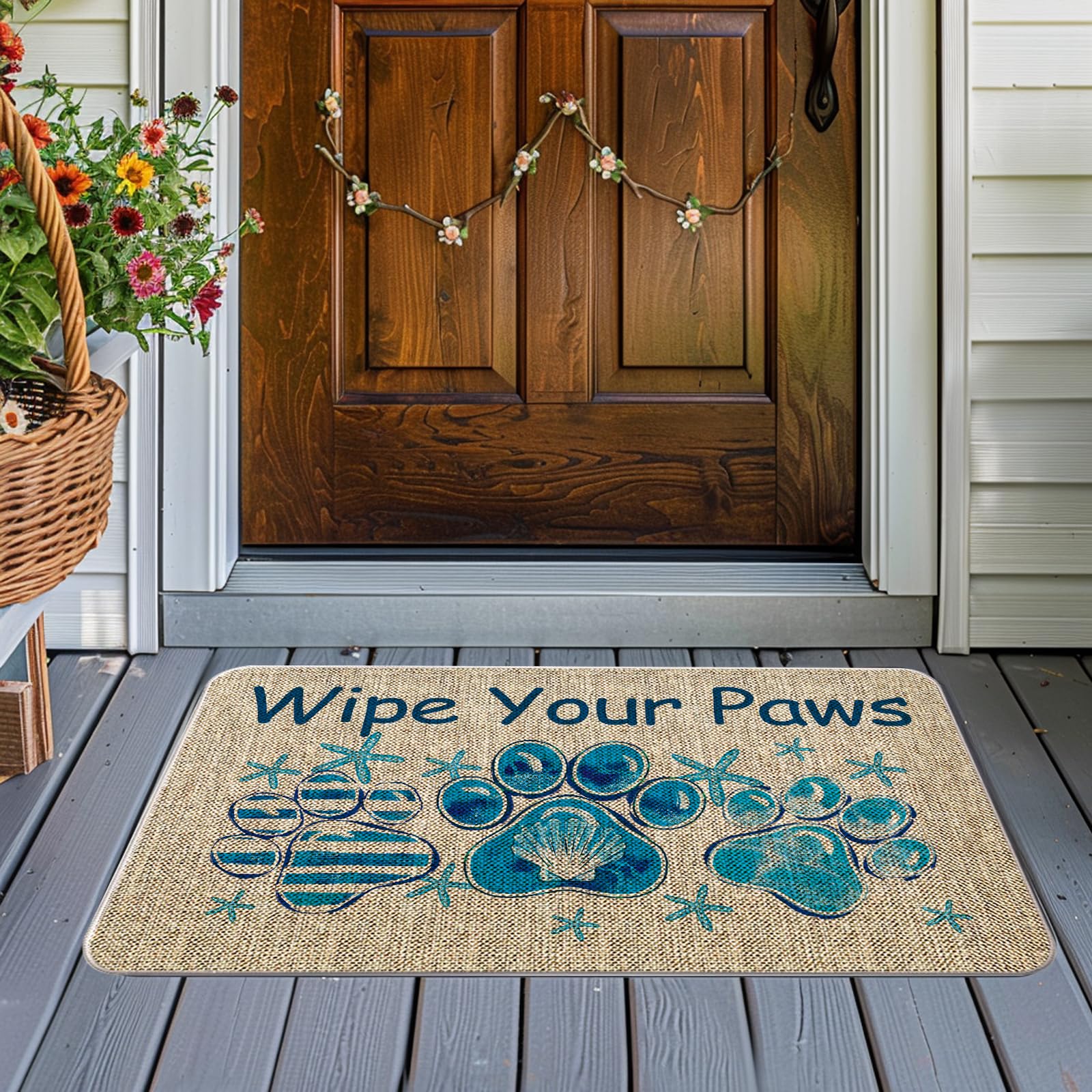 QIONG MENG Wipe Your Paws Doormat Outdoor Coastal Decor Beach Welcome Mat Blue Entrance Rugs Farmhouse Home Kitchen Floor Front Door Mat 17 x 27 Inch