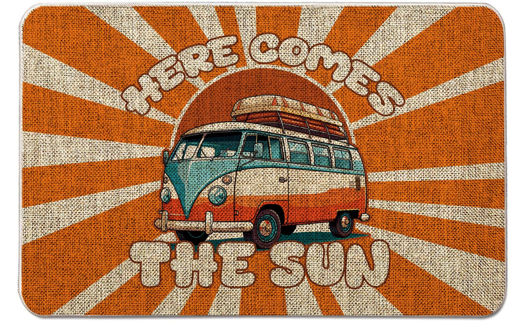 QIONG MENG Camping Door Mat Here Comes The Sun Welcome Mat Outdoor Summer Hippie Decor Camper Entrance Rug Farmhouse Home Kitchen Floor Front Doormats 17 x 27 Inch