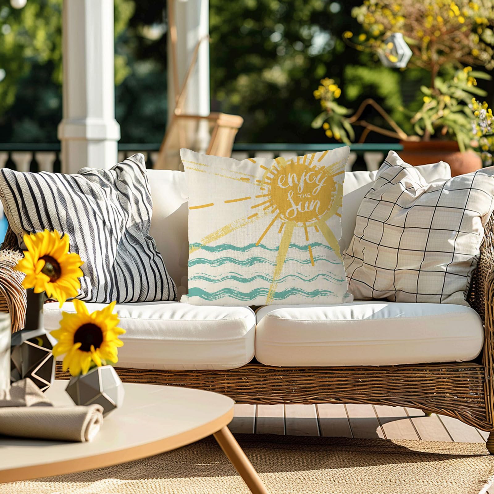 QIONG MENG Summer Pillow Covers 18x18 Inch Enjoy The Sun Throw Pillow Case Summer Cushion Case for Home Sofa Living Room Farmhouse Decorations