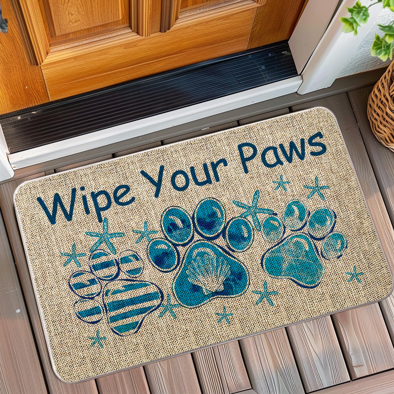 QIONG MENG Wipe Your Paws Doormat Outdoor Coastal Decor Beach Welcome Mat Blue Entrance Rugs Farmhouse Home Kitchen Floor Front Door Mat 17 x 27 Inch